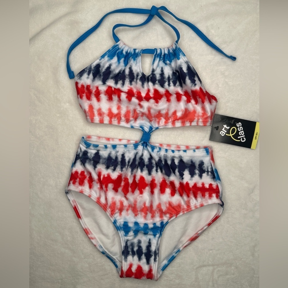 Art Class Blue Red White One Piece Swimsuit Girls Size M (8)